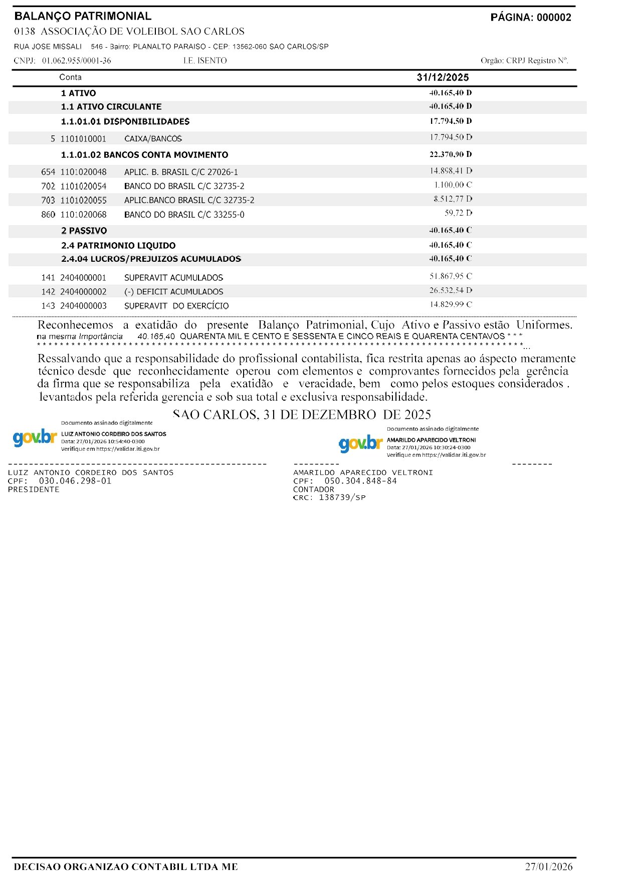 balanço patrimonial 2025 AVS Volei